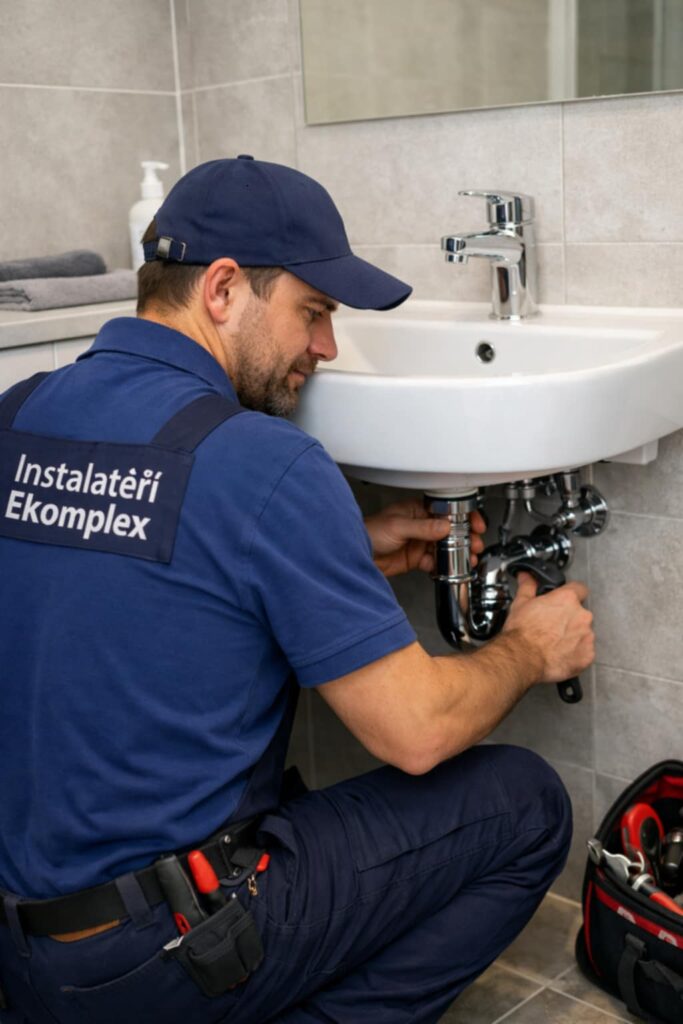 Rekonstrukce koupelny na klíč – instalatér instaluje a napojuje nové umyvadlo